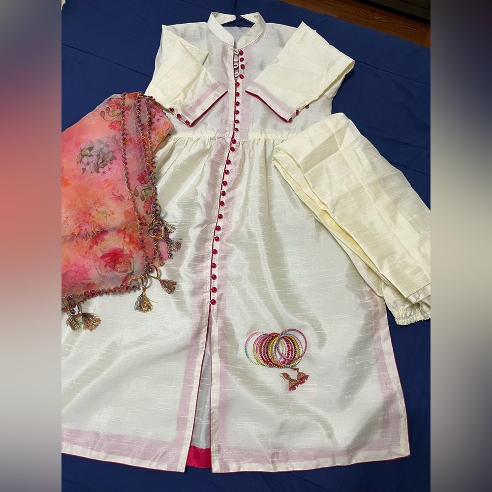 Chic Cream and Pink Embroidered Long Sleeve Dress